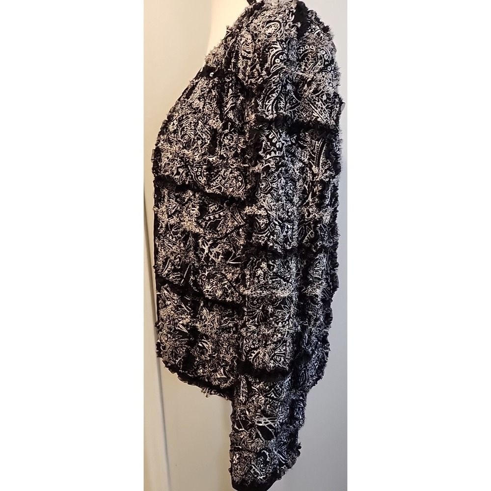 Chicos Black White Paisley Silk Blend Fringe Ruffle Open Front Jacket Womens 1 - Picture 4 of 6